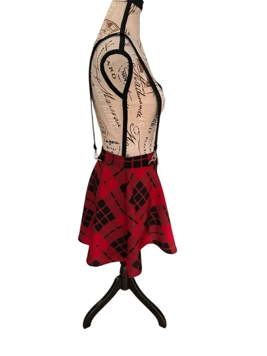 Red Black Plaid Skater Mini Skirt O Ring Zip Suspender Goth Punk Small Indie - Picture 4 of 11